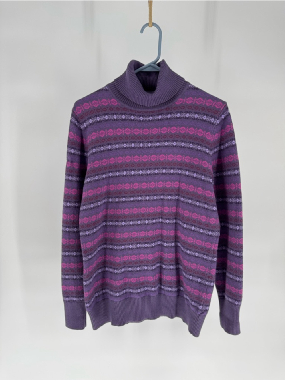 L.L. Bean Women's Fair Isle Cotton Cashmere Knit Turtleneck Sweater Purple Pink